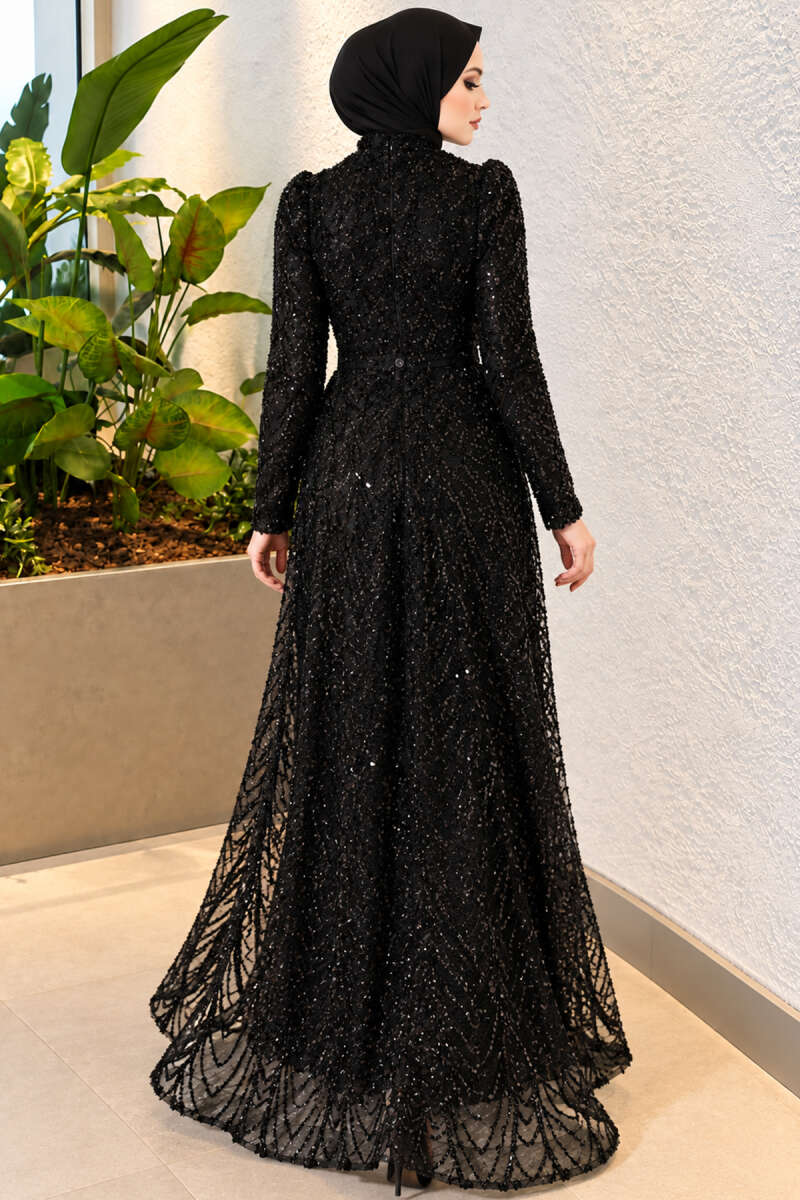 Sequin-Embroidered Patterned Evening Dress - Black