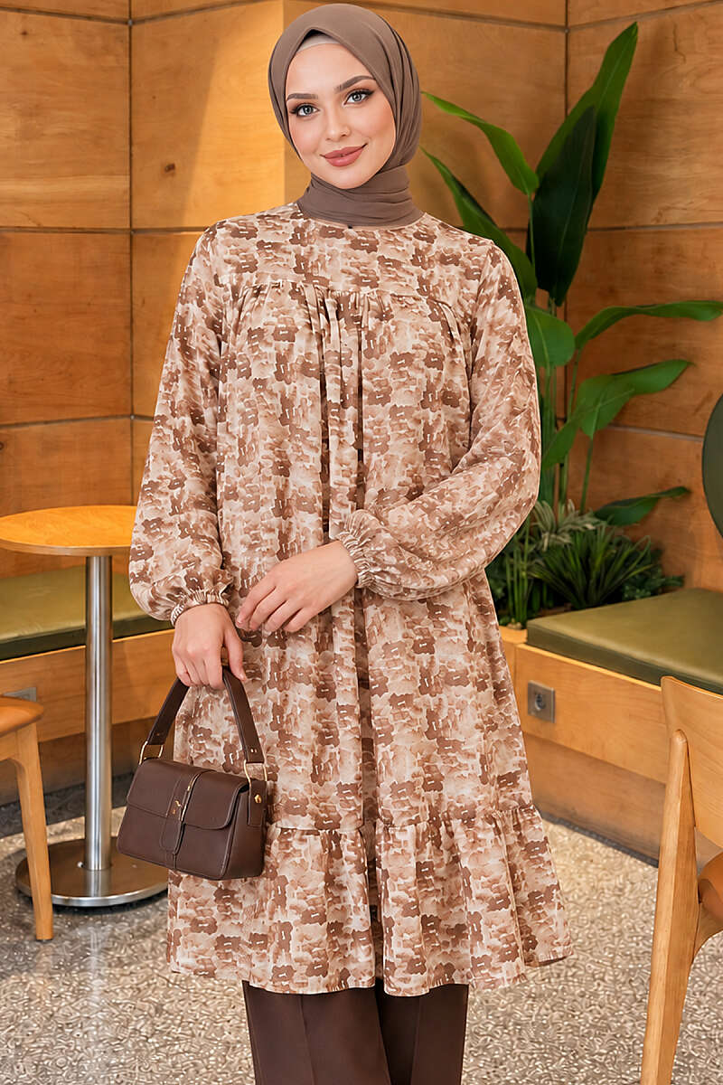 Patterned Tunic with Yoke Detail - Camel