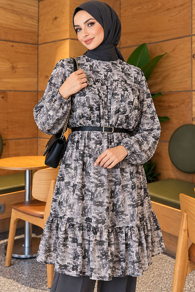 Patterned Tunic with Yoke Detail - Grey