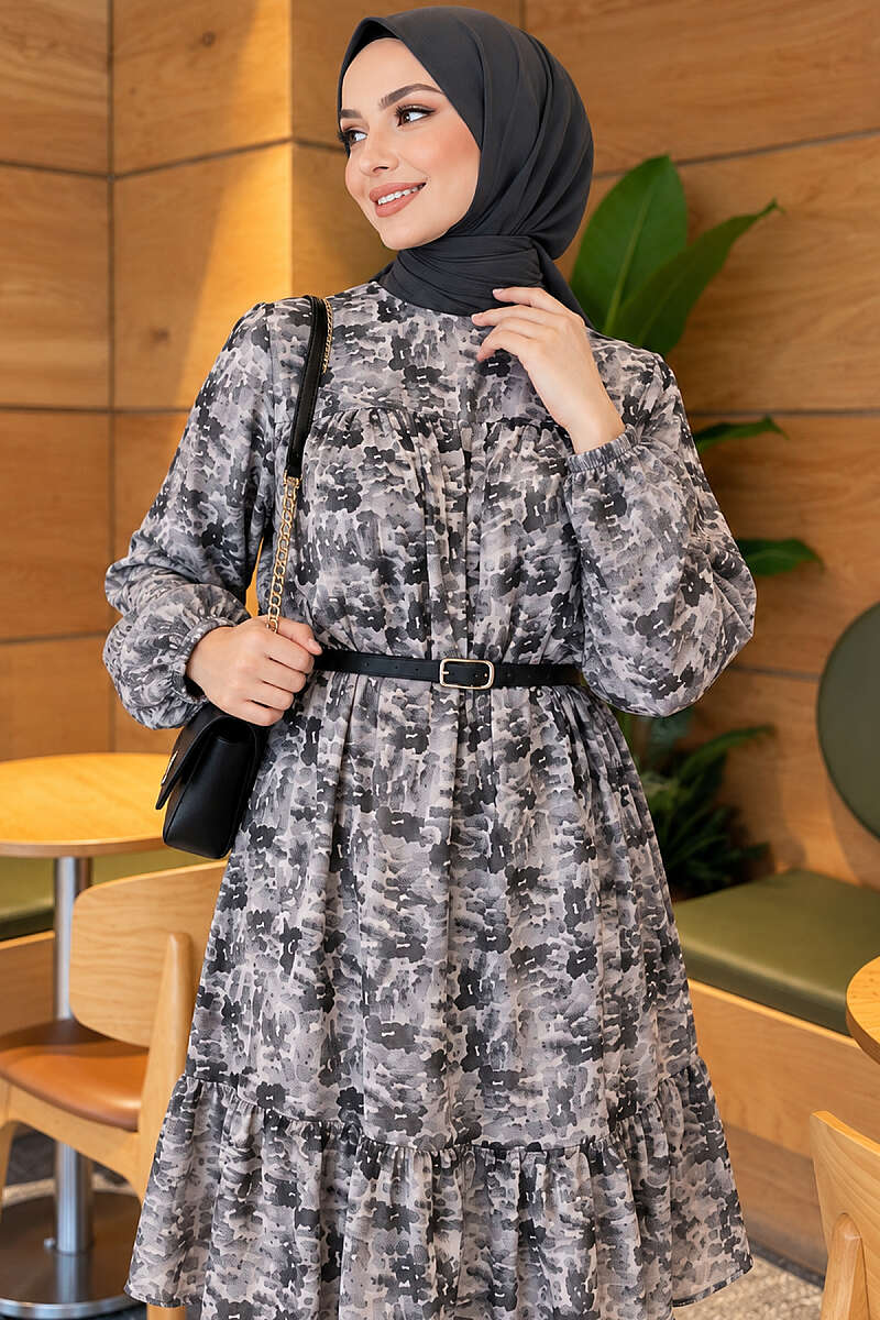 Patterned Tunic with Yoke Detail - Grey