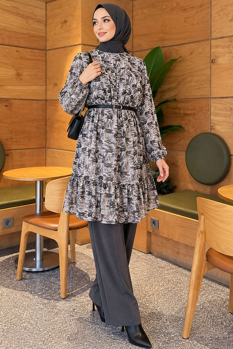 Patterned Tunic with Yoke Detail - Grey