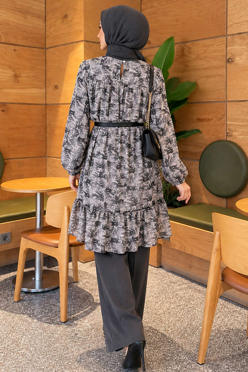 Patterned Tunic with Yoke Detail - Grey