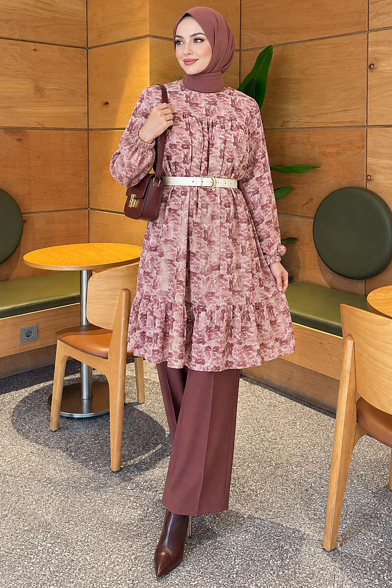 Patterned Tunic with Yoke Detail - Dusty Rose