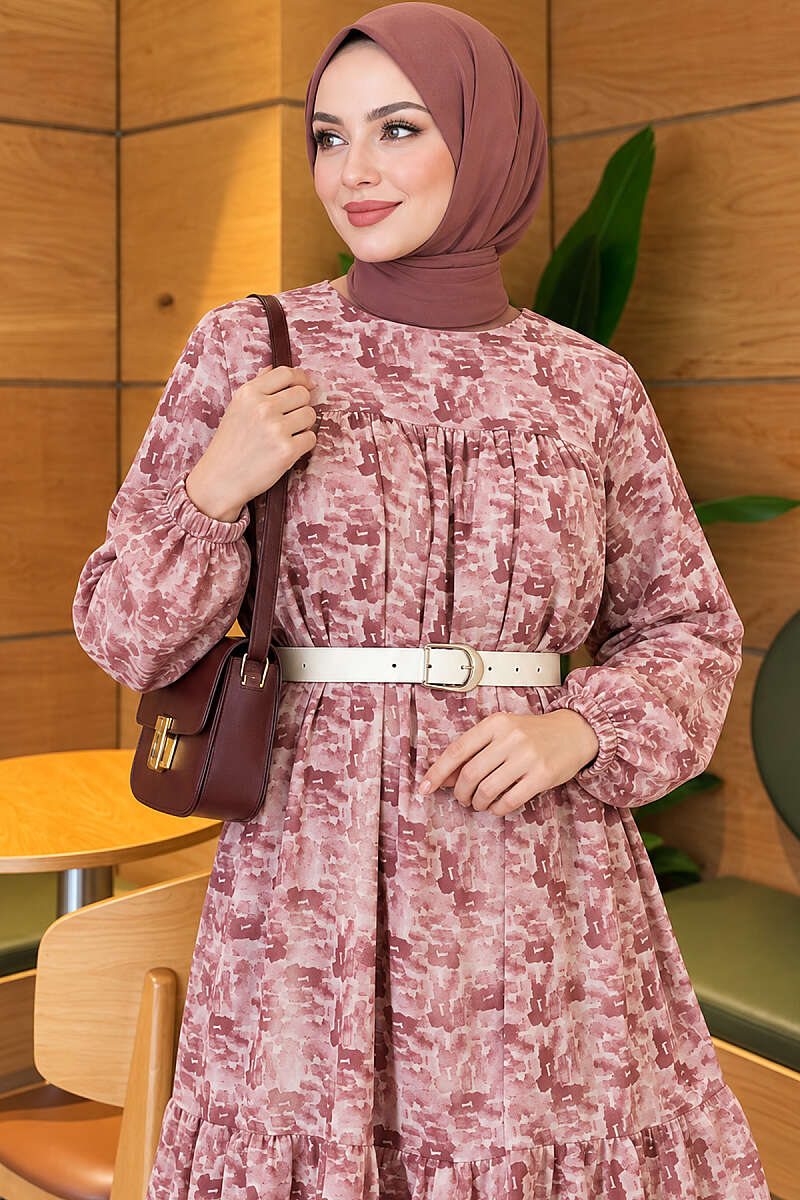 Patterned Tunic with Yoke Detail - Dusty Rose