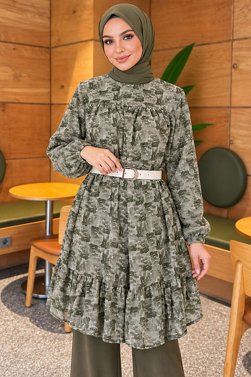 Patterned Tunic with Yoke Detail - Khaki