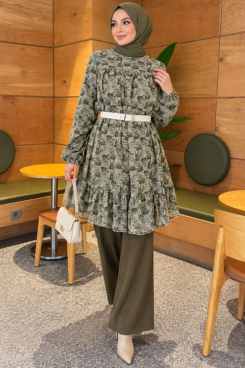 Patterned Tunic with Yoke Detail - Khaki
