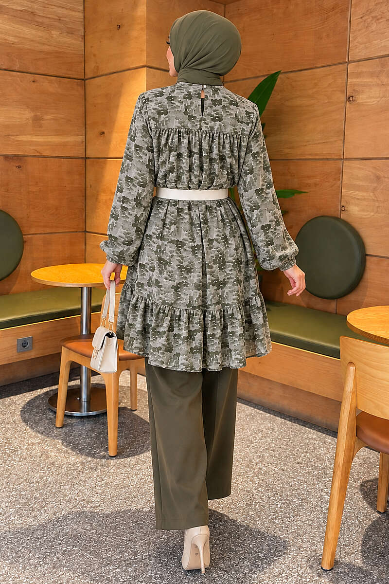 Patterned Tunic with Yoke Detail - Khaki