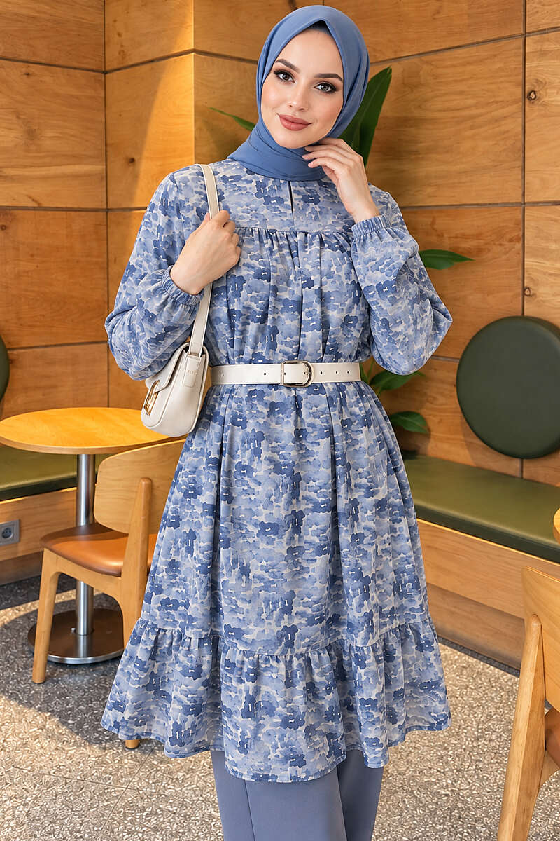 Patterned Tunic with Yoke Detail - Blue