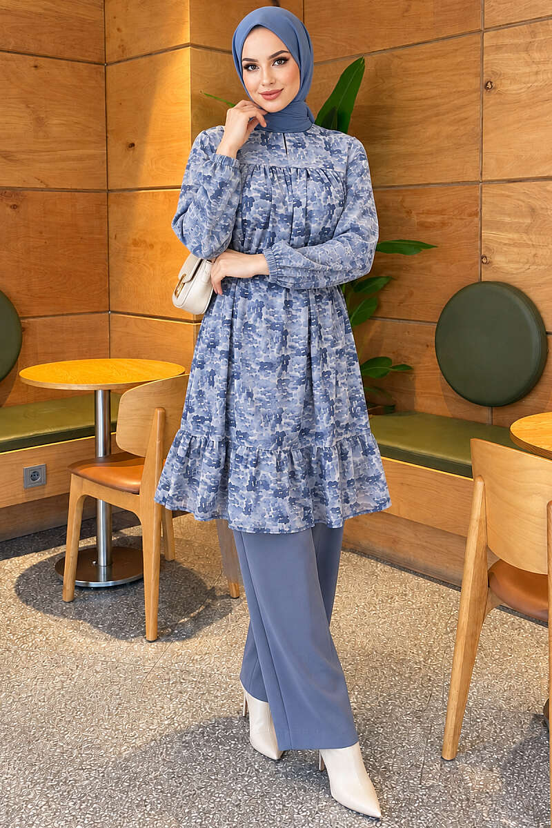 Patterned Tunic with Yoke Detail - Blue