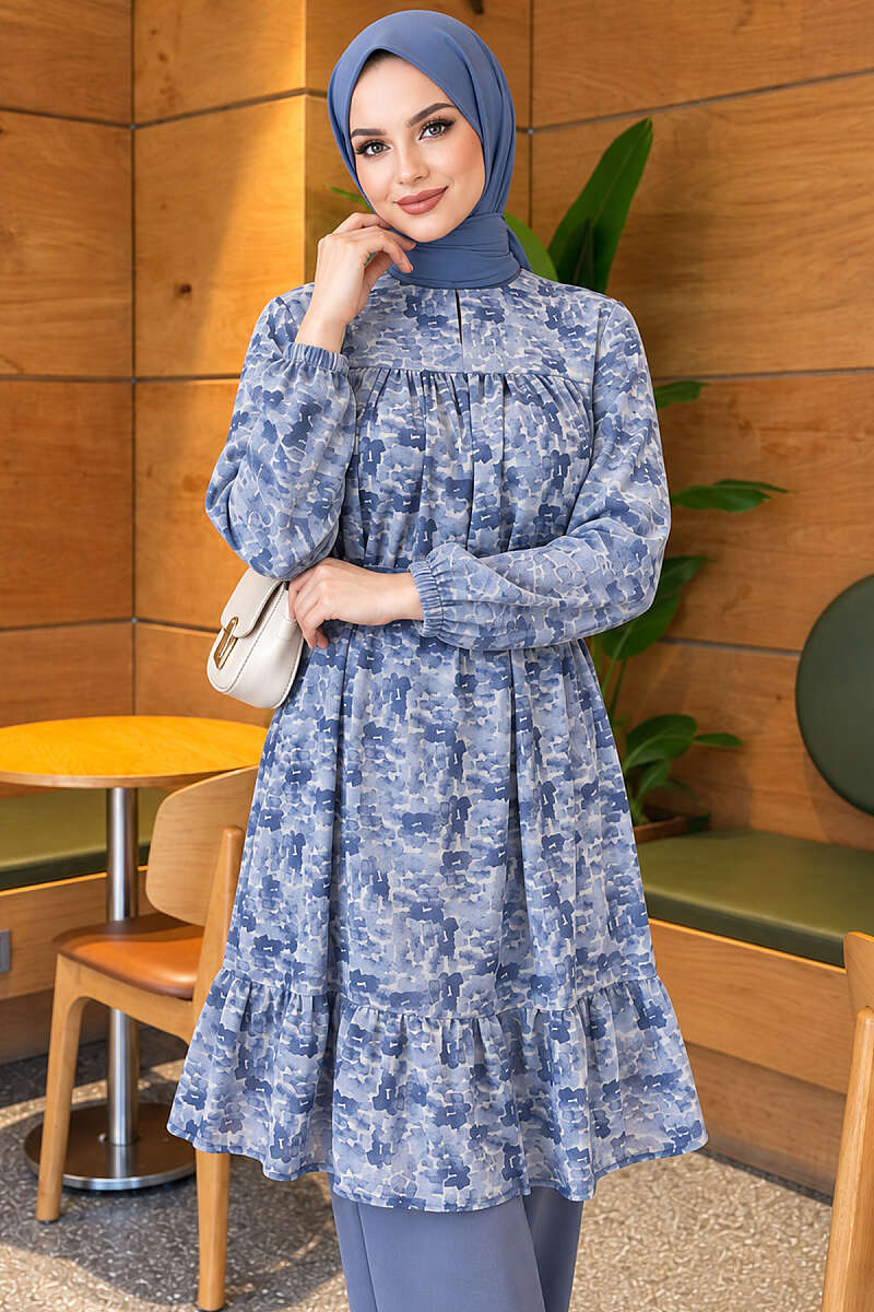 Patterned Tunic with Yoke Detail - Blue