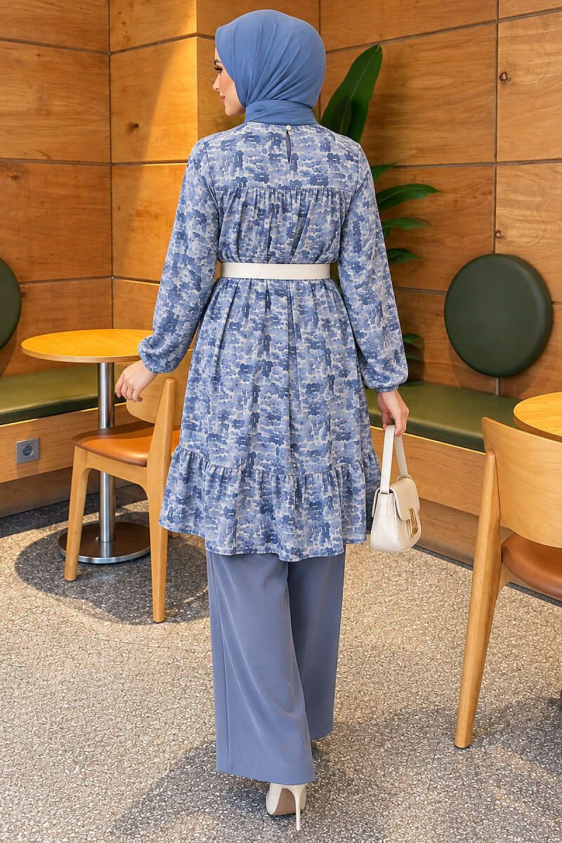 Patterned Tunic with Yoke Detail - Blue
