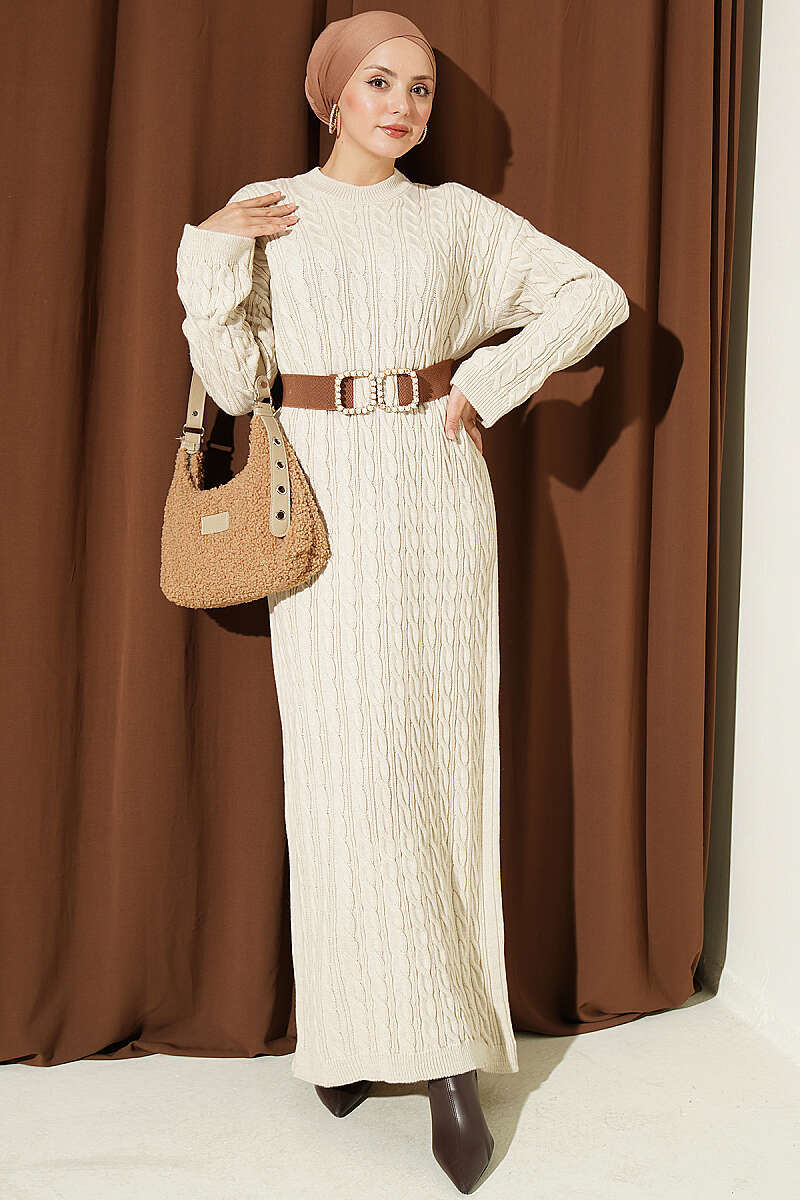 Patterned Cable-Knit Dress - Beige