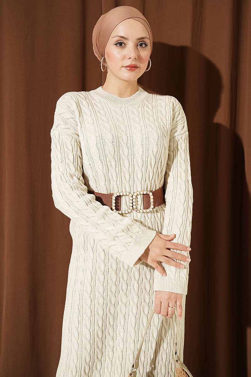 Patterned Cable-Knit Dress - Beige