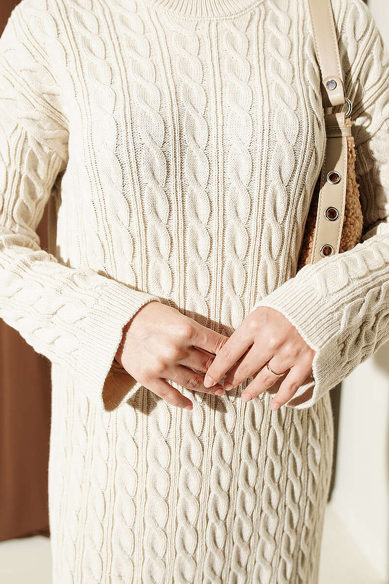 Patterned Cable-Knit Dress - Beige