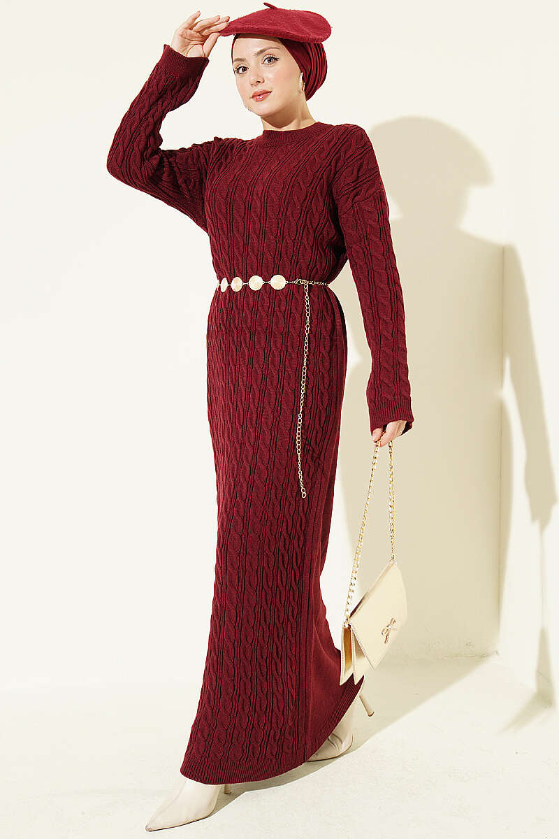 Patterned Cable-Knit Dress - Burgundy