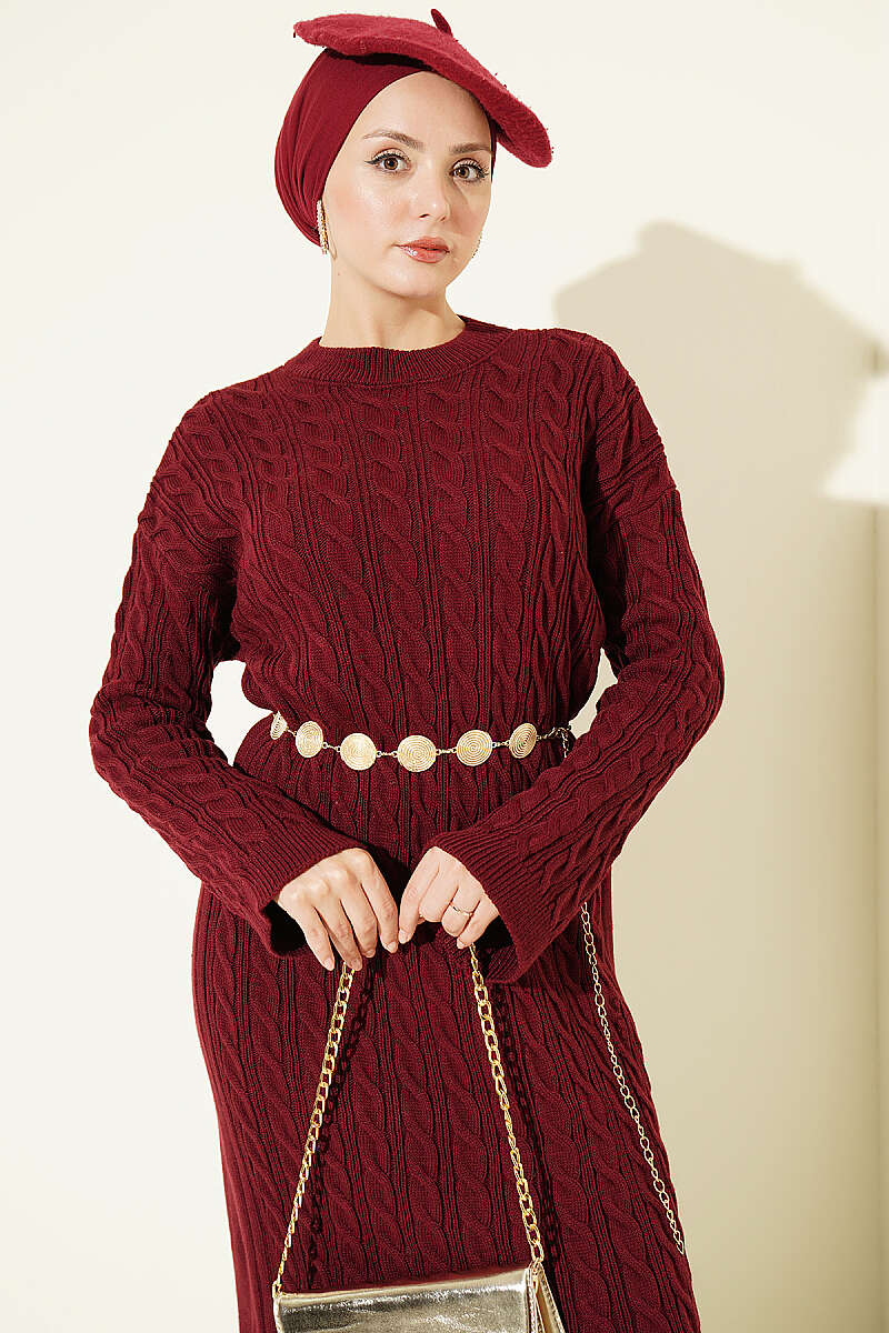 Patterned Cable-Knit Dress - Burgundy