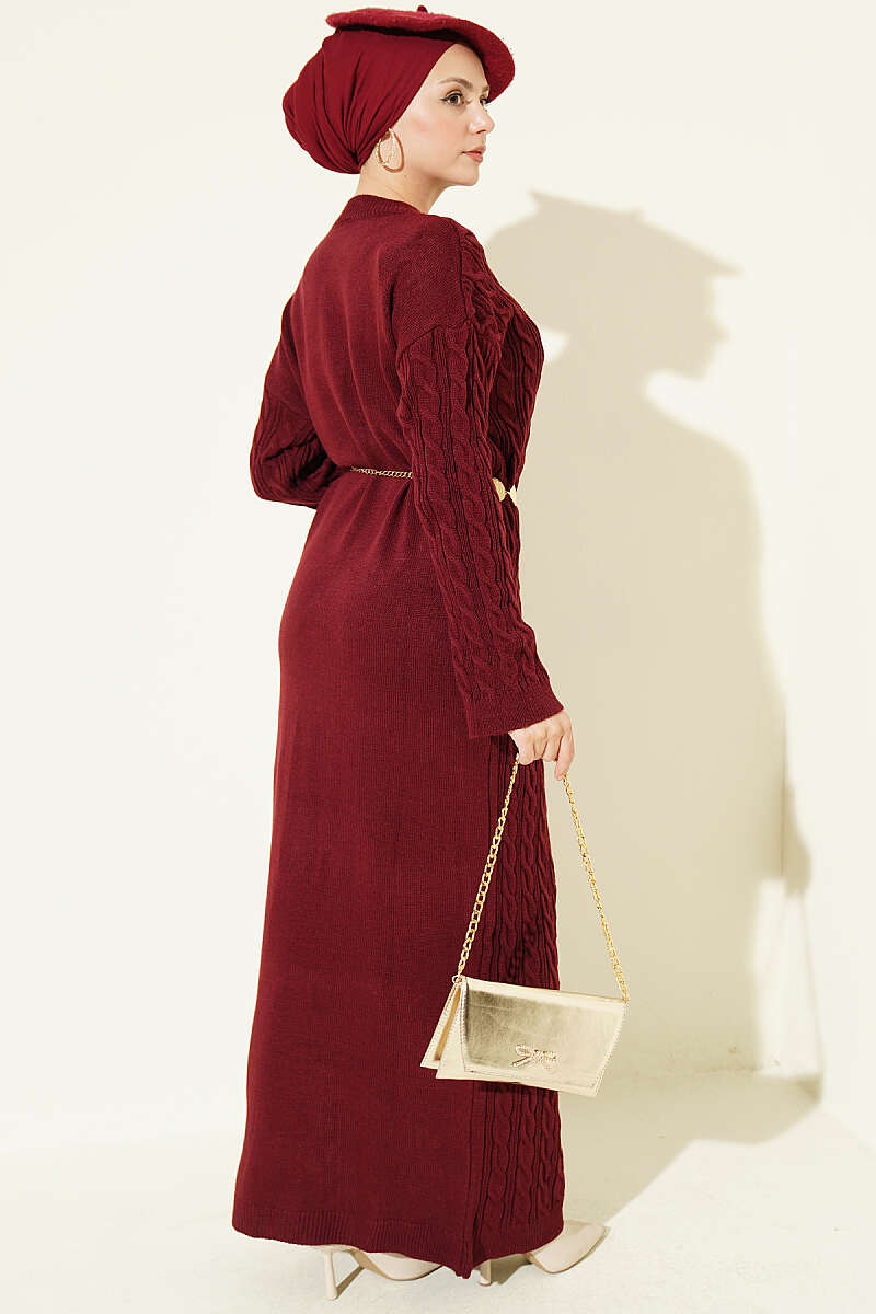 Patterned Cable-Knit Dress - Burgundy