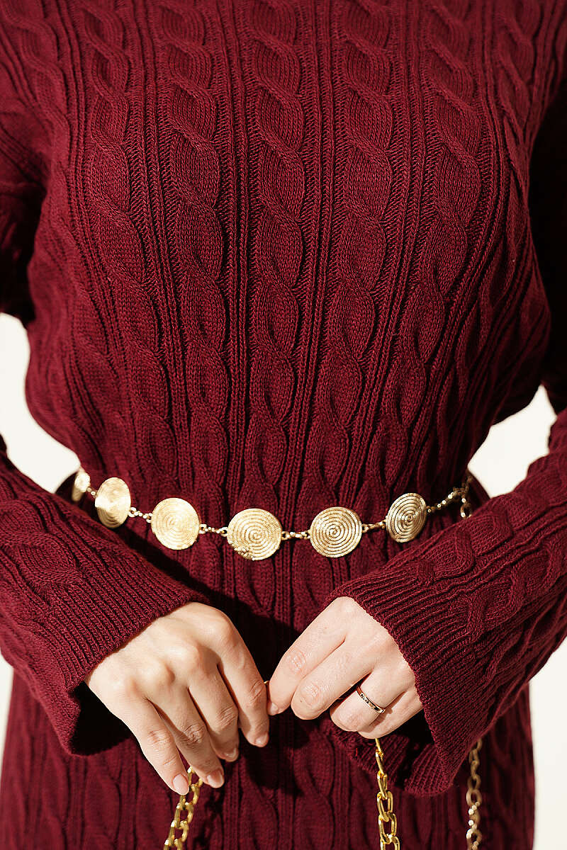Patterned Cable-Knit Dress - Burgundy