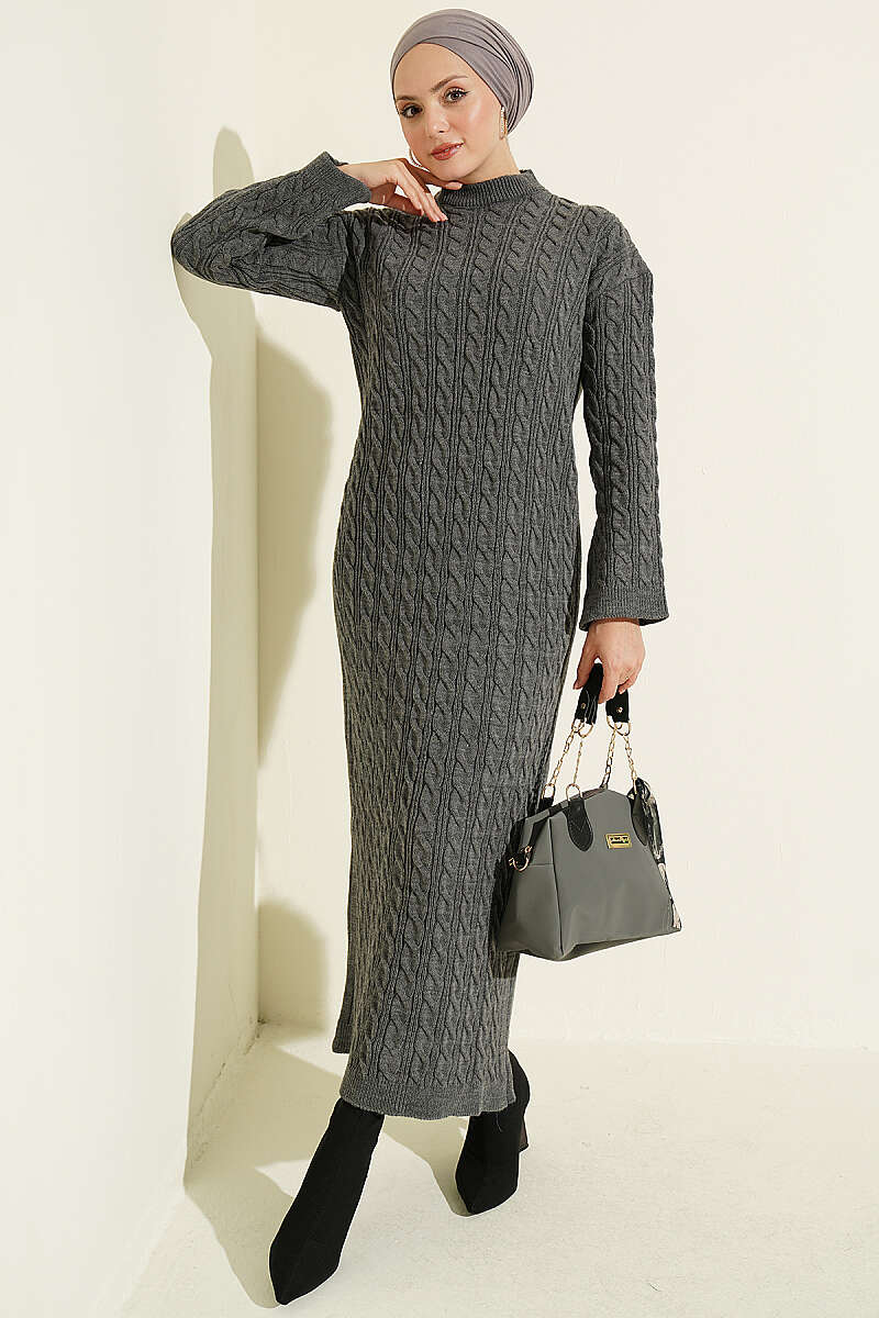 Patterned Cable-Knit Dress - Smoke Grey