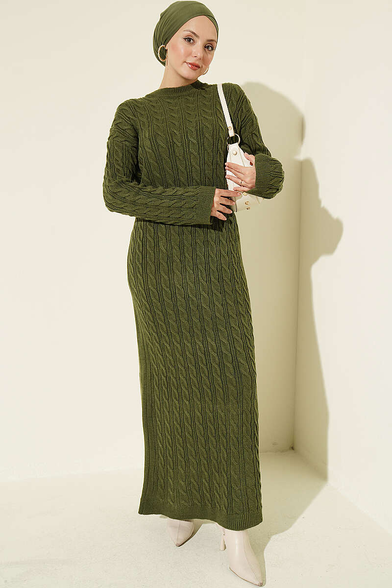 Patterned Cable-Knit Dress - Khaki