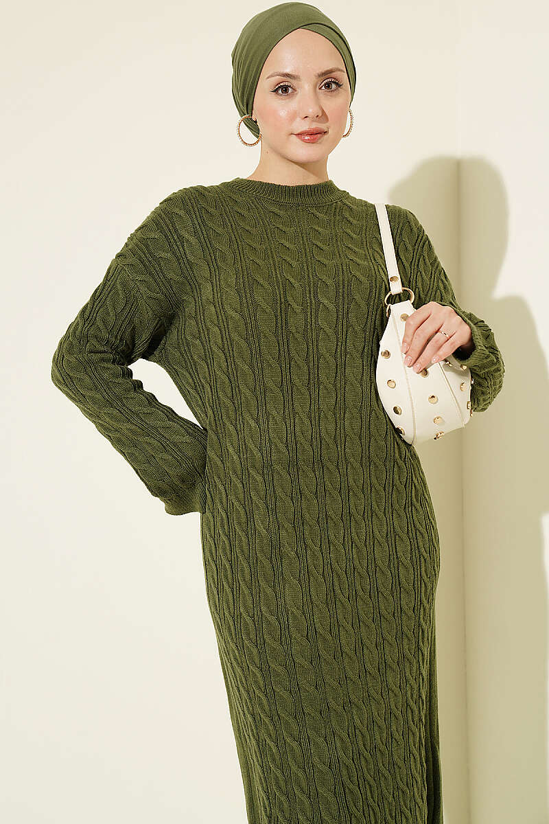 Patterned Cable-Knit Dress - Khaki