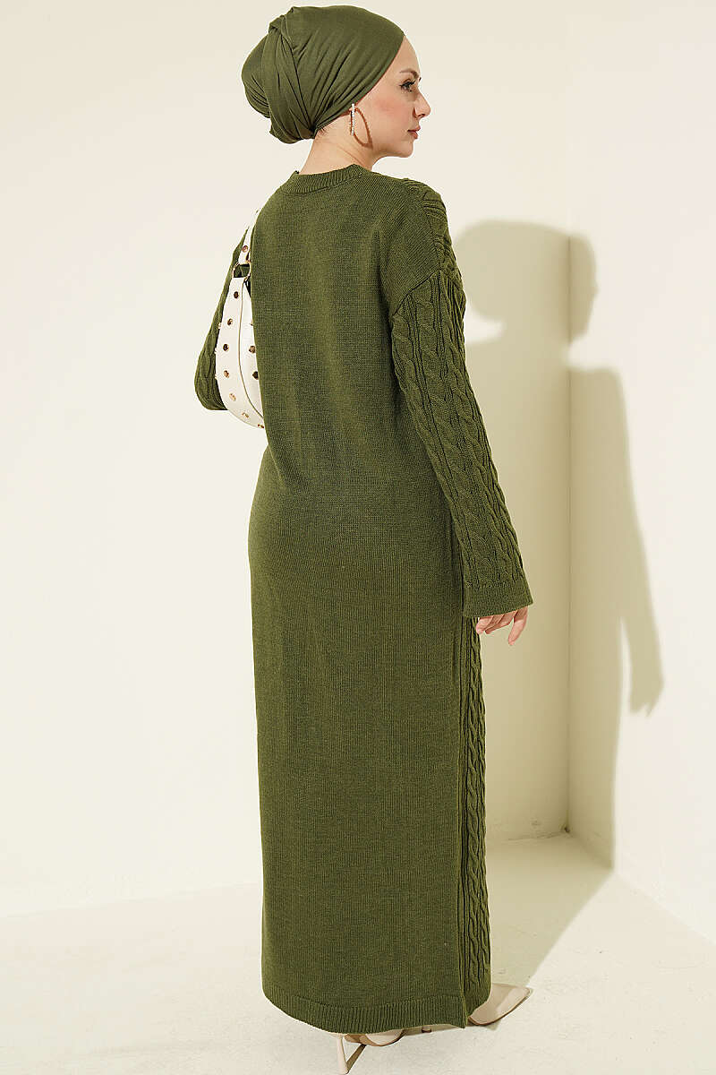 Patterned Cable-Knit Dress - Khaki