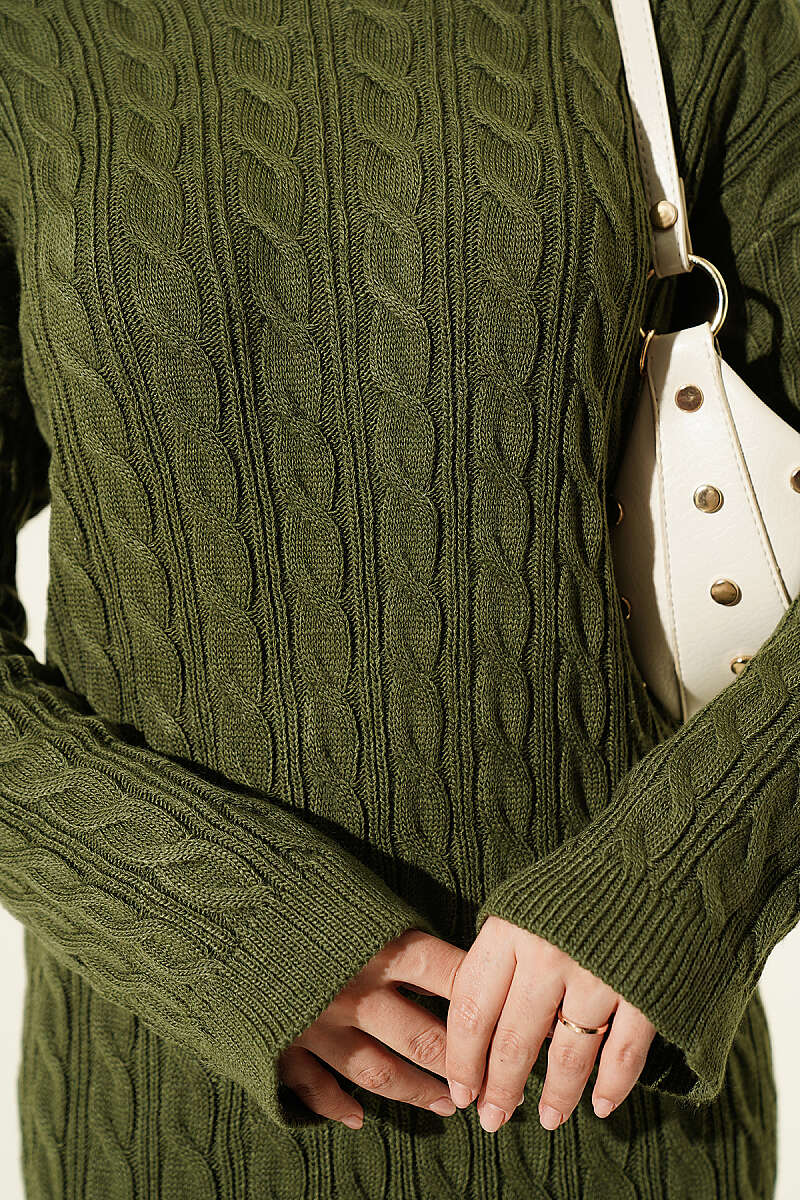 Patterned Cable-Knit Dress - Khaki