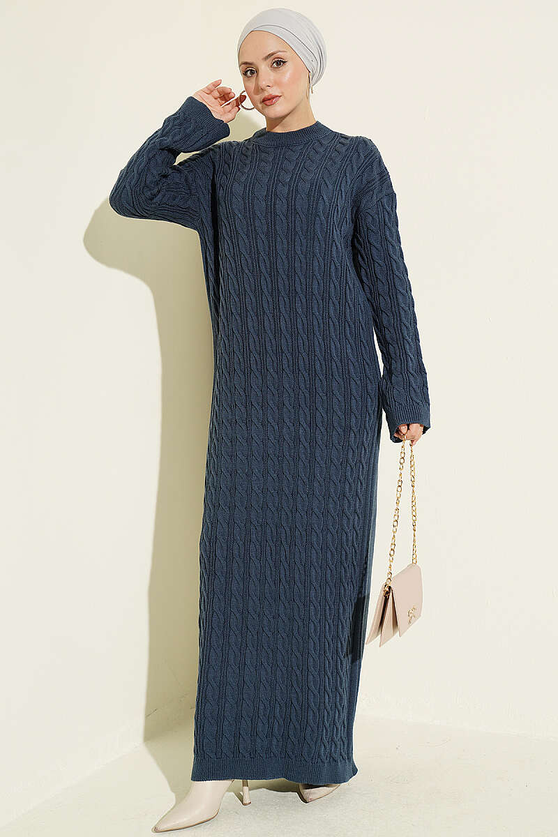 Patterned Cable-Knit Dress - Indigo
