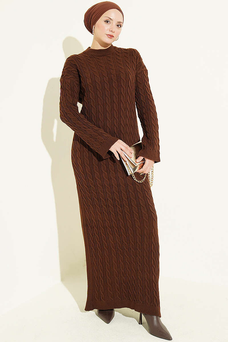 Patterned Cable-Knit Dress - Brown