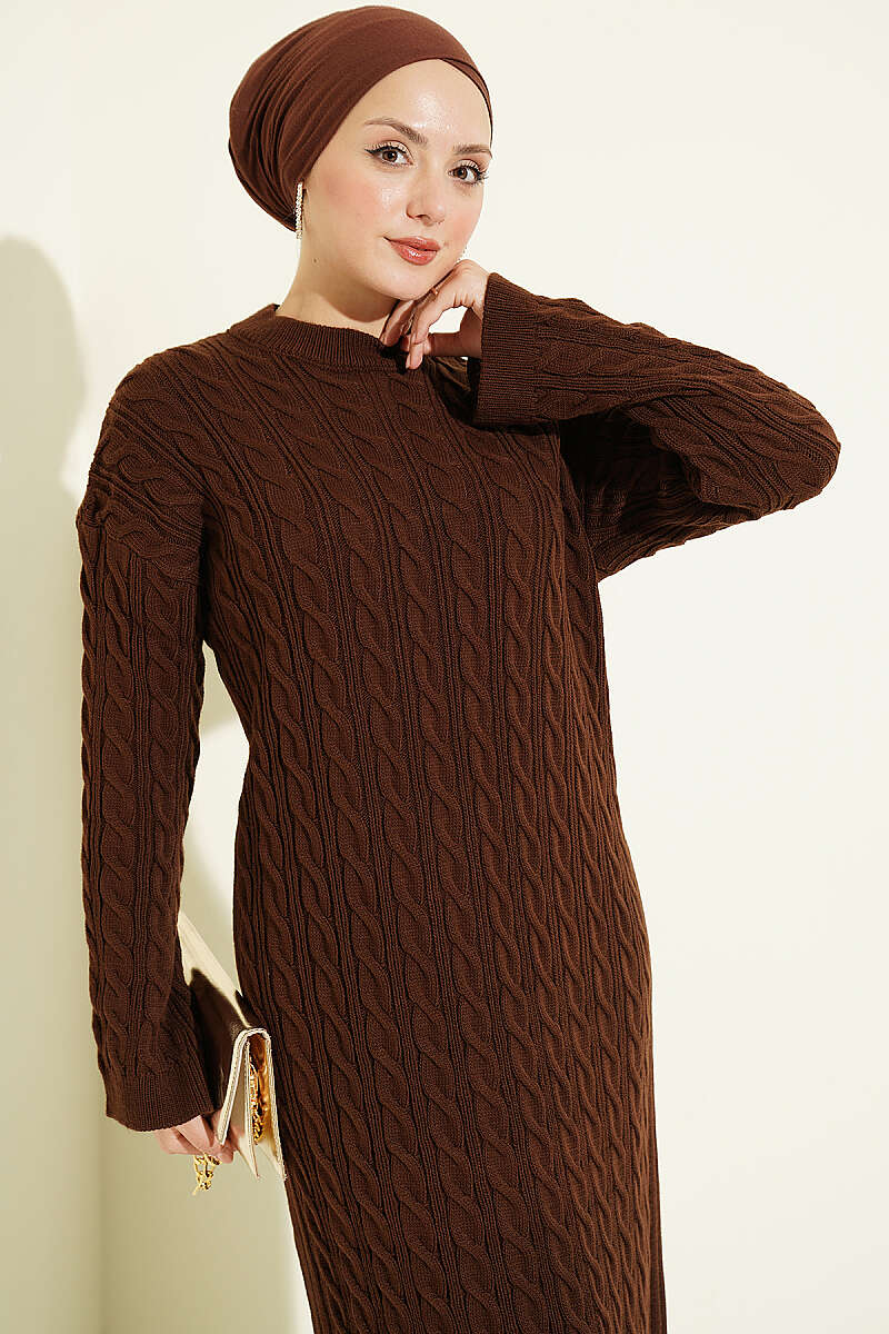 Patterned Cable-Knit Dress - Brown