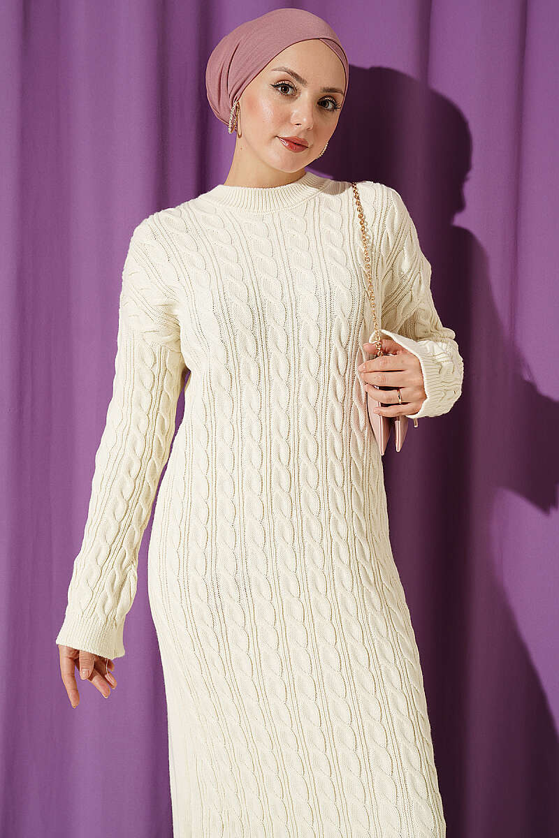 Patterned Cable-Knit Dress - Bone