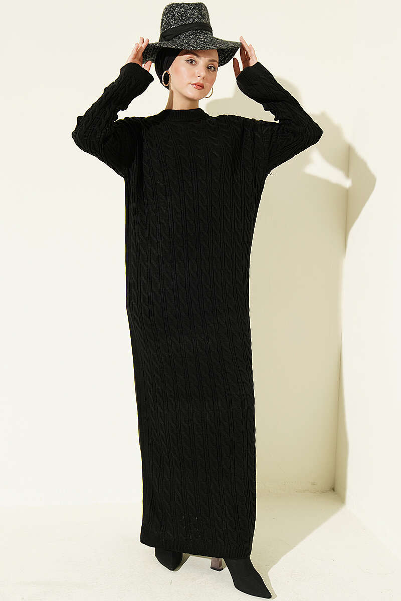 Patterned Cable-Knit Dress - Black