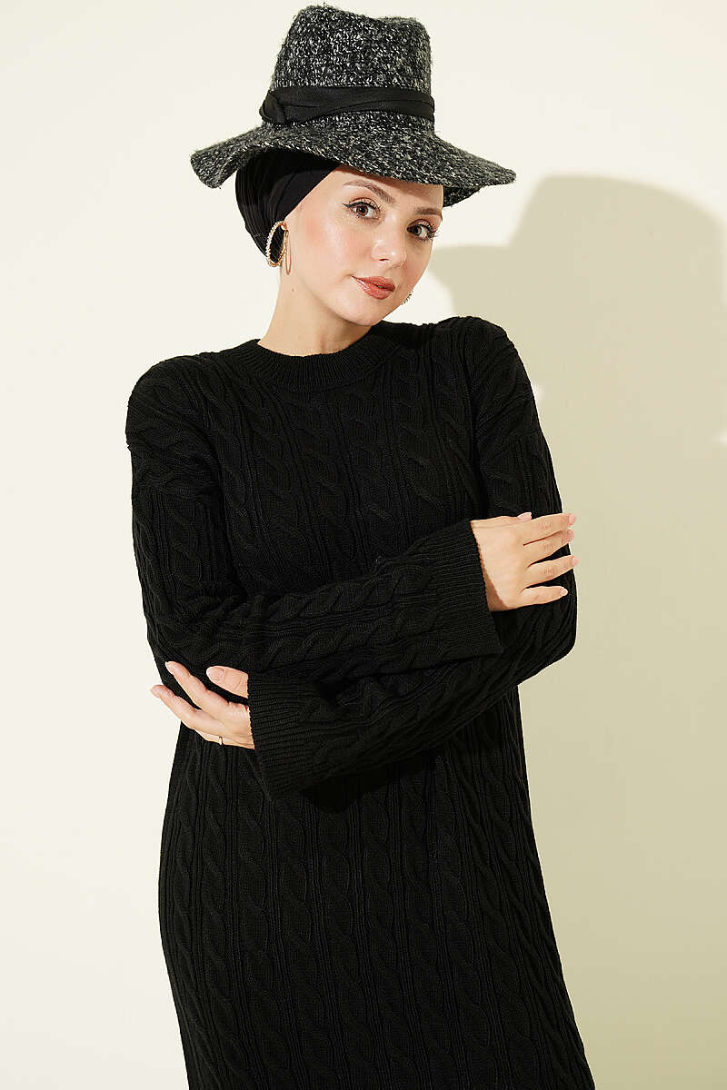 Patterned Cable-Knit Dress - Black