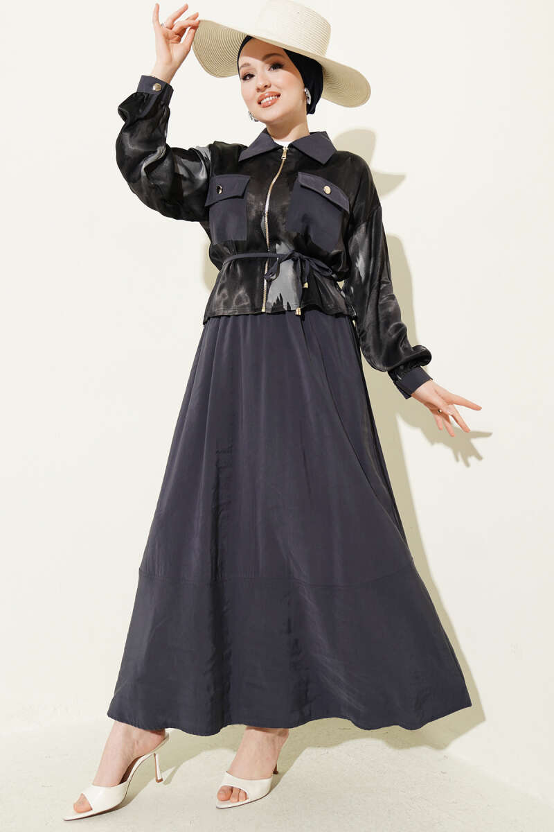 Printed Satin Blouse and Skirt Set - Smoke Grey