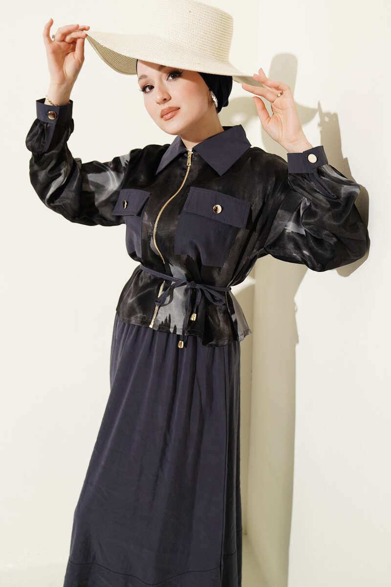 Printed Satin Blouse and Skirt Set - Smoke Grey