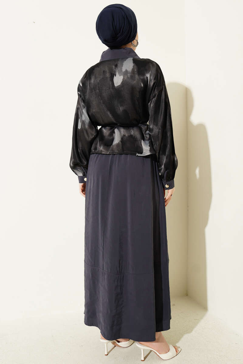Printed Satin Blouse and Skirt Set - Smoke Grey