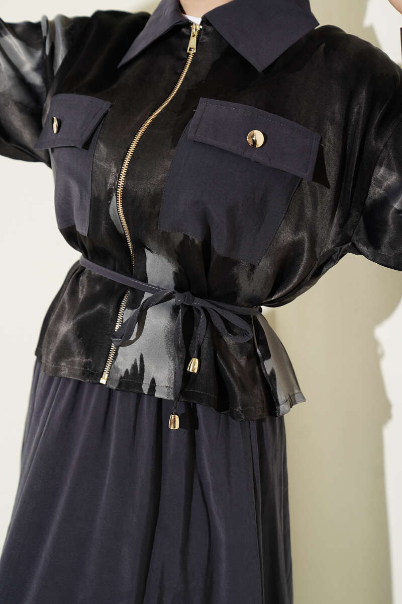 Printed Satin Blouse and Skirt Set - Smoke Grey