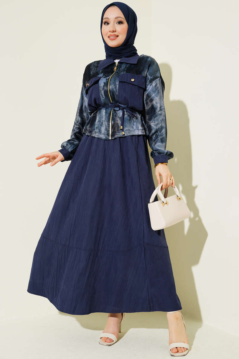 Printed Satin Blouse and Skirt Set - Navy