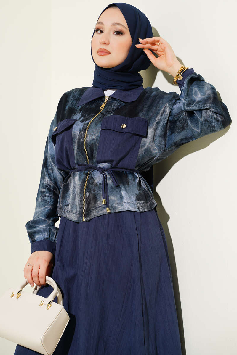 Printed Satin Blouse and Skirt Set - Navy