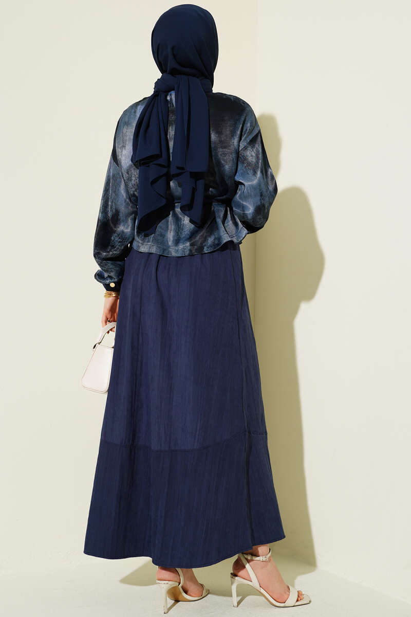 Printed Satin Blouse and Skirt Set - Navy