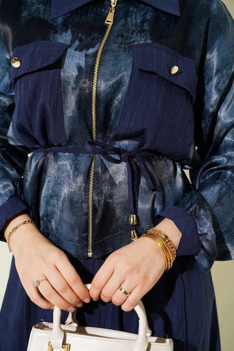 Printed Satin Blouse and Skirt Set - Navy