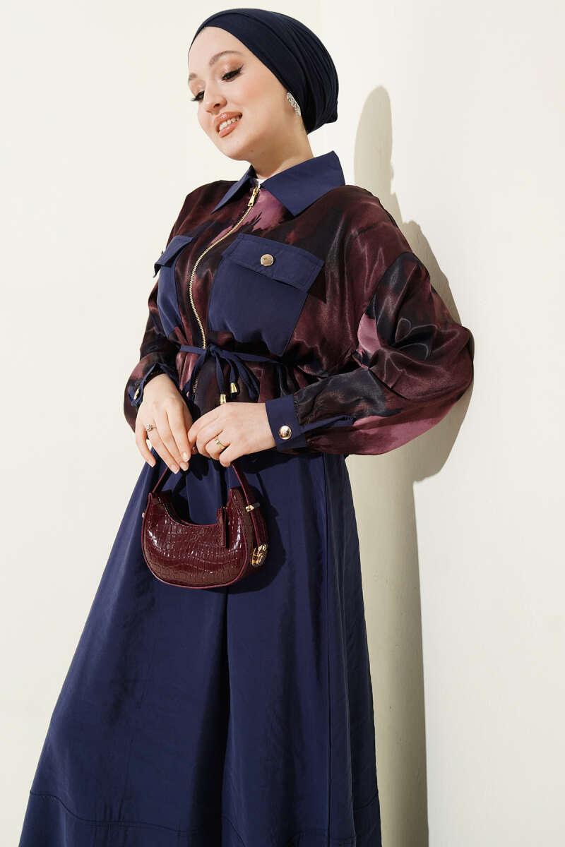 Printed Satin Blouse and Skirt Set - Parliament Blue
