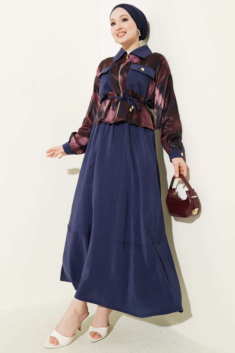 Printed Satin Blouse and Skirt Set - Parliament Blue