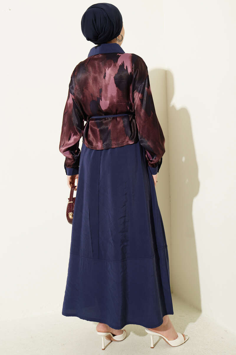 Printed Satin Blouse and Skirt Set - Parliament Blue
