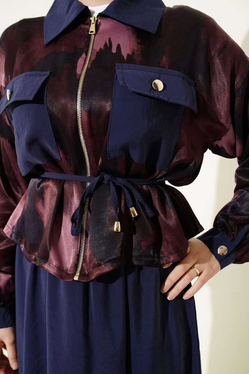 Printed Satin Blouse and Skirt Set - Parliament Blue