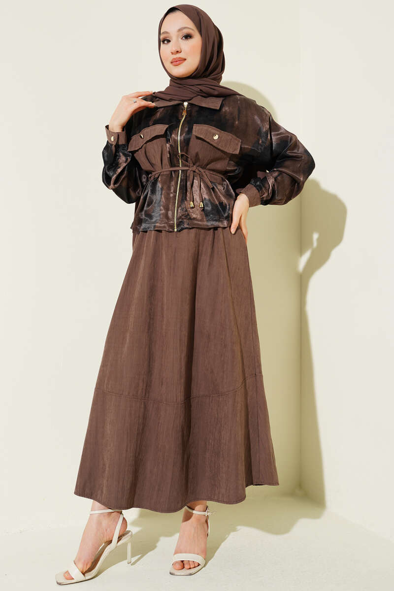 Printed Satin Blouse and Skirt Set - Mink