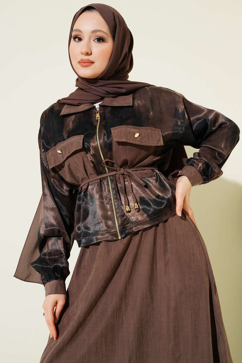 Printed Satin Blouse and Skirt Set - Mink