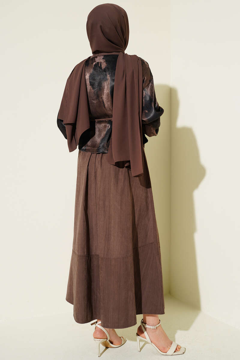 Printed Satin Blouse and Skirt Set - Mink