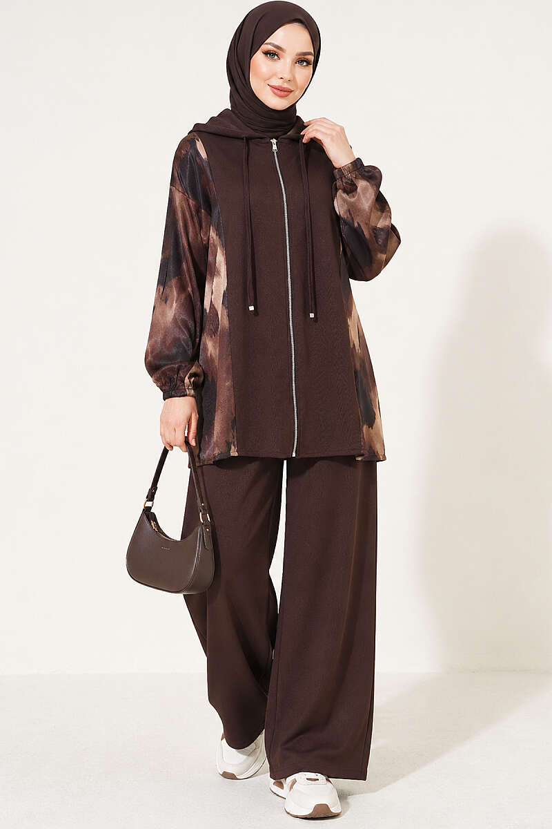 Patterned Satin-Trim Two-Piece Set - Dark Brown