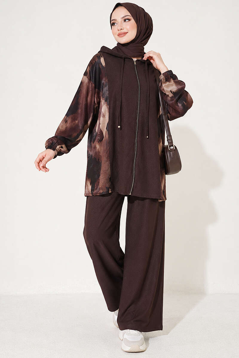 Patterned Satin-Trim Two-Piece Set - Dark Brown